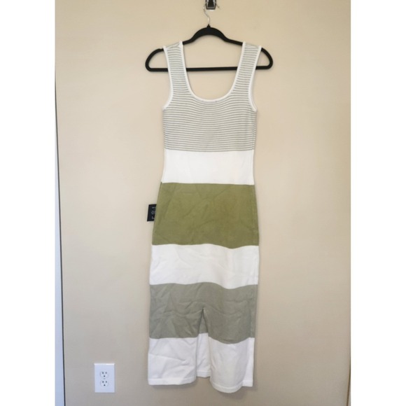Lulus Sage Green Striped Ribbed Knit Sleeveless Midi Sweater Dress Medium NWT - Picture 4 of 8